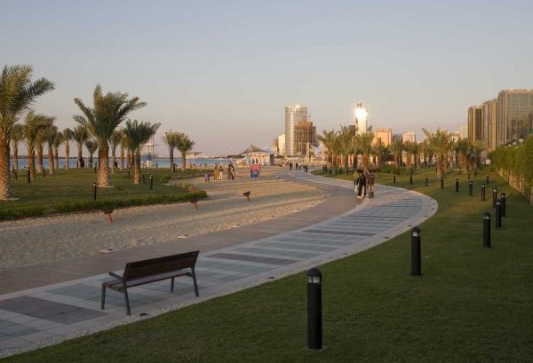 UAE, Abu Dhabi Walkway by beach and waterfront